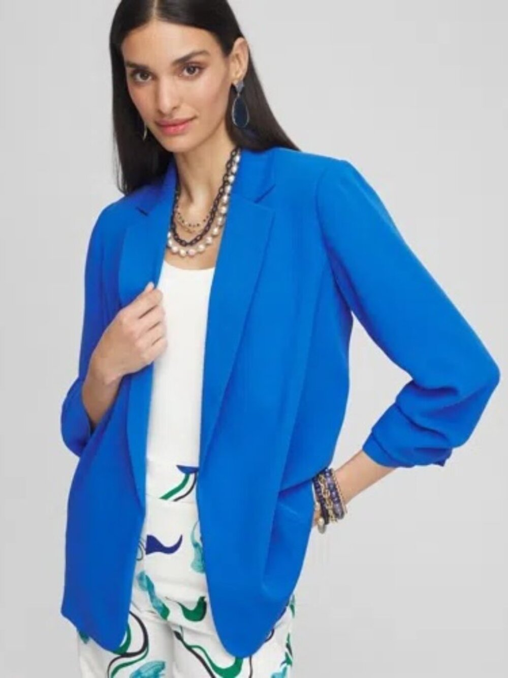 Chico's Notched-Lapel Ruched Sleeve Blazer in Turkish Sea Blue size 2 12-14